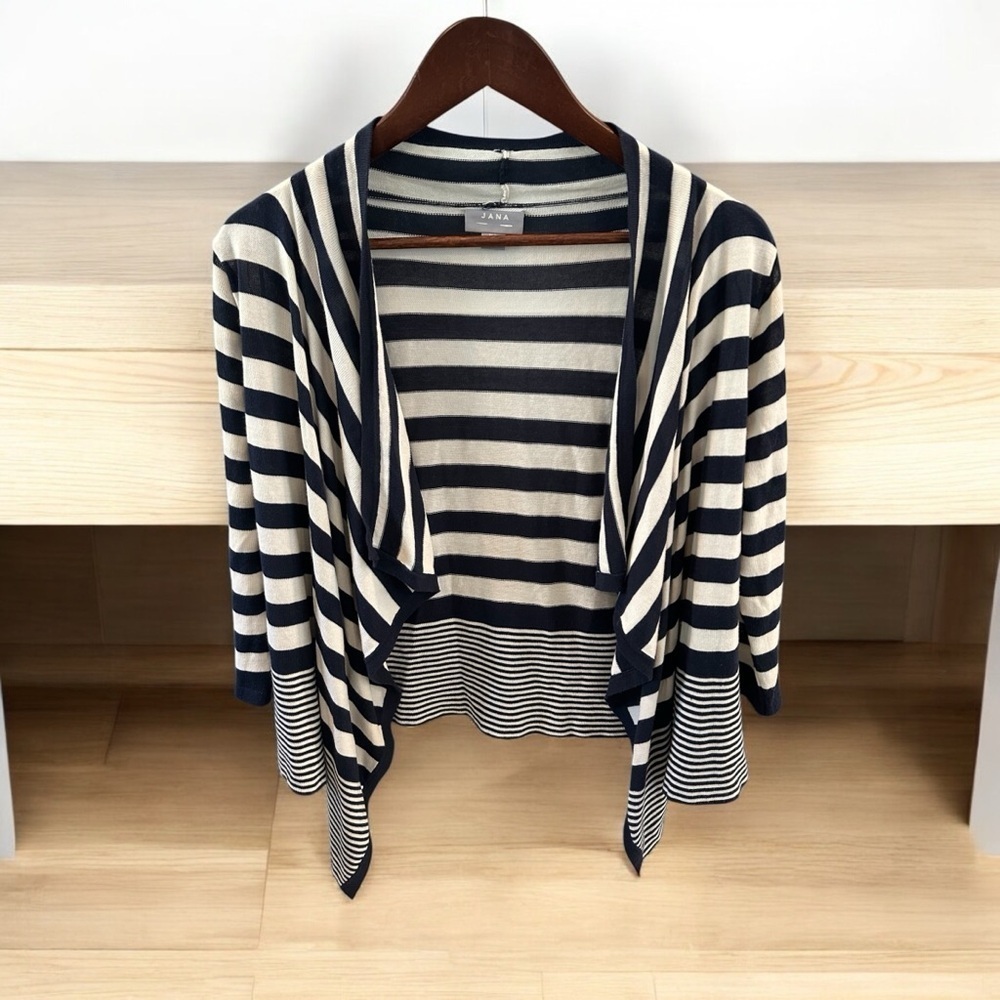 Jana Women’s M Nautical Stripe Open Front Waterfall Cardigan Navy & White